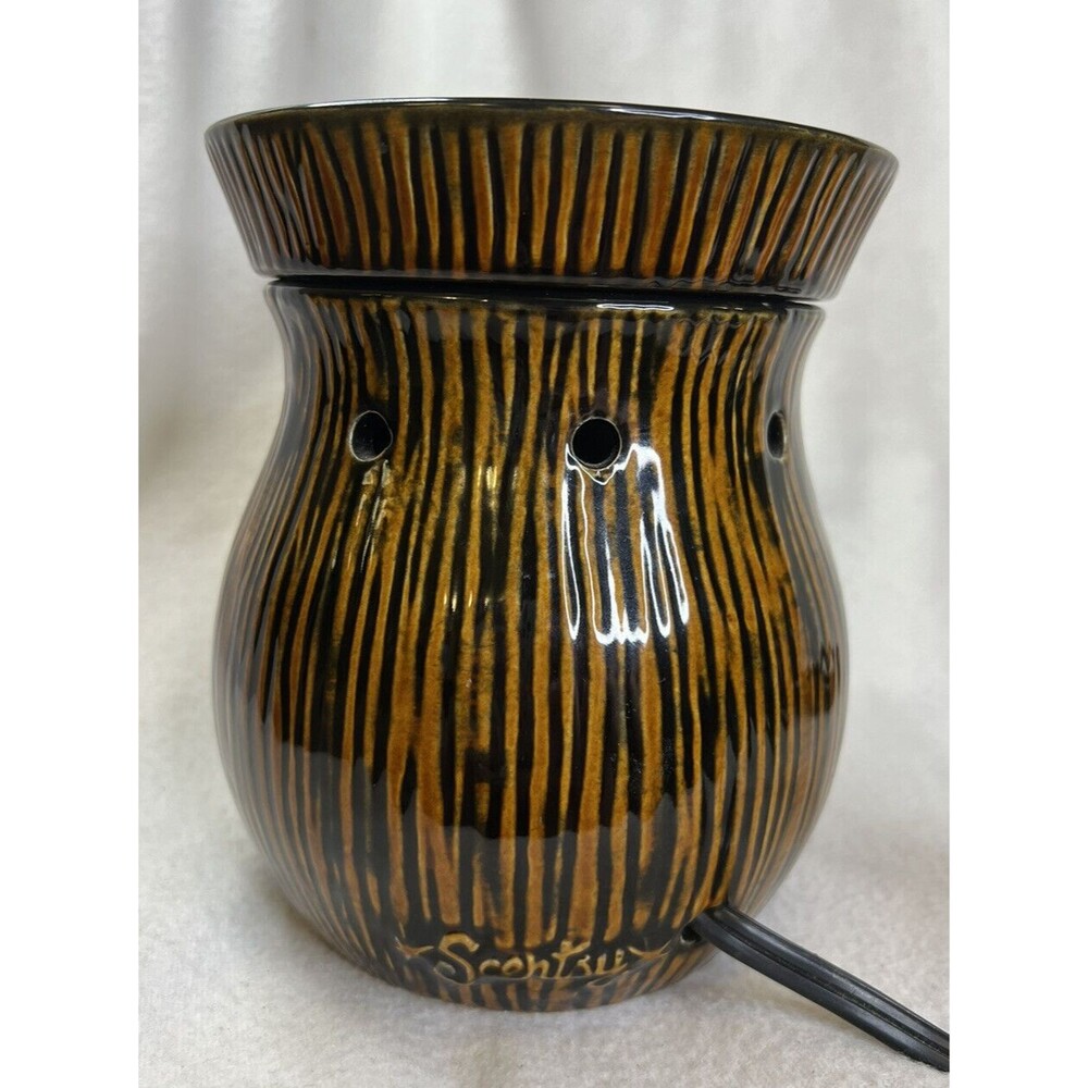 Scentsy "Zingana" Wax Warmer Brown Black Stripes Tribal‎ Rustic Wood RETIRED